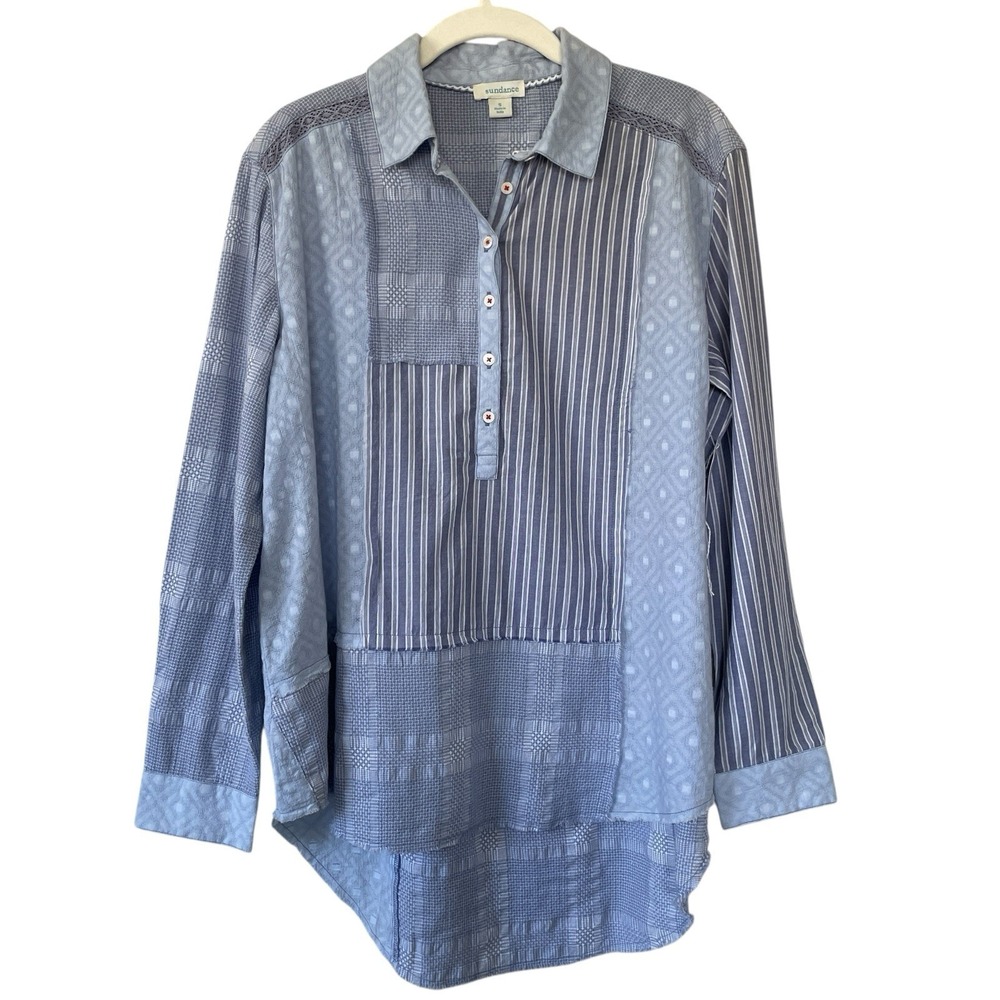 Sundance Mariel Tunic Women's S Blue Patchwork Long Sleeve Boho Cottagecore NWT